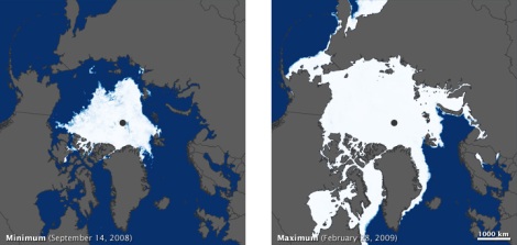 Minimum and maximum ice cover over the Arctic Ocean, 2008-2009